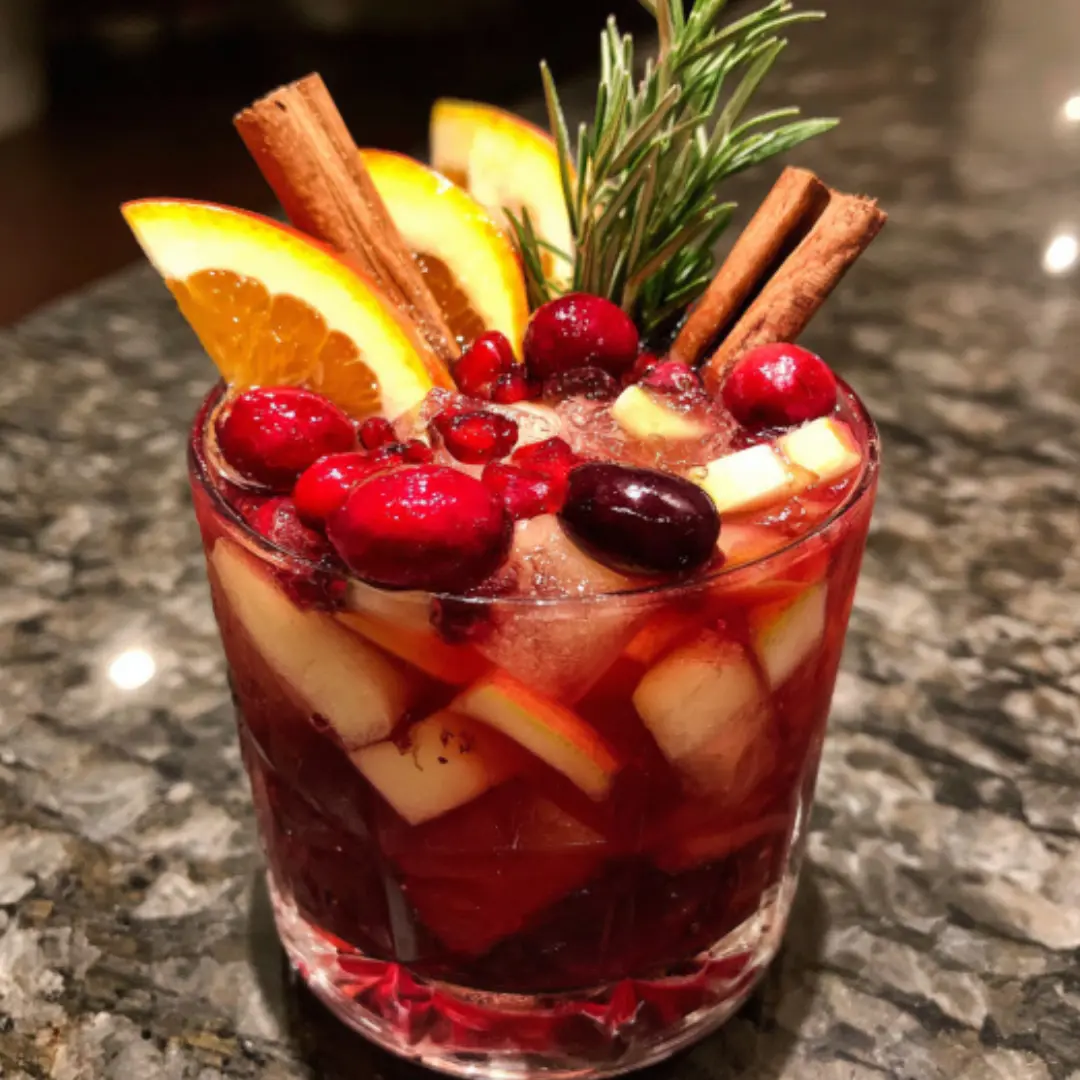 Glasses of Christmas Sangria served over crushed ice with apple slices, cranberries, cinnamon sticks, and rosemary.