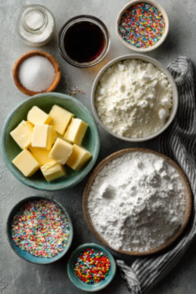 Flat lay of butter, flour, cornstarch, confectioners’ sugar, vanilla extract, and sprinkles on a gray countertop.