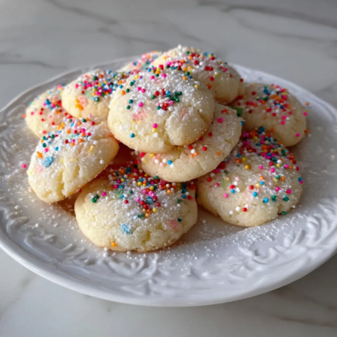 Plate of butter cookies with sprinkles served on a gray countertop.