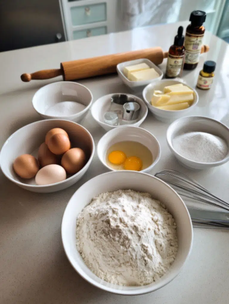 Ingredients for Christmas cookie dough arranged on a kitchen counter — butter, sugar, eggs, flour, and vanilla extract.
