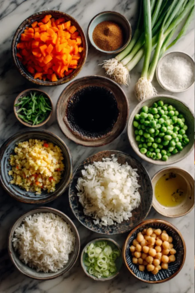 Flat lay of fried rice ingredients arranged on a marble surface, including rice, vegetables, sauces, and seasonings.