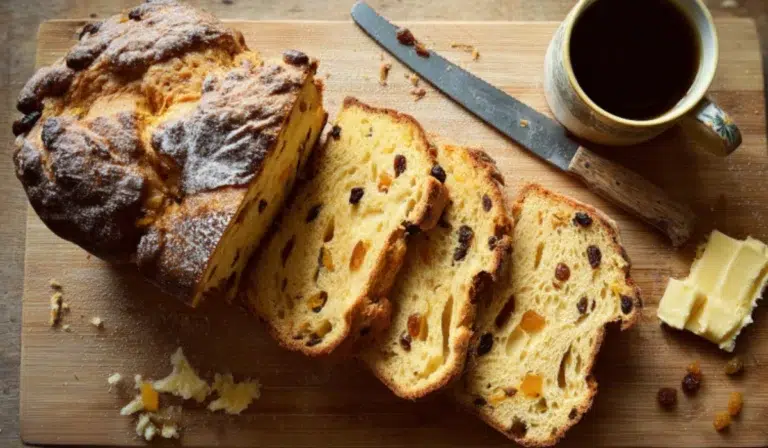 Golden homemade panettone loaf sliced open to show airy crumb and colorful dried fruit on a kitchen counter.