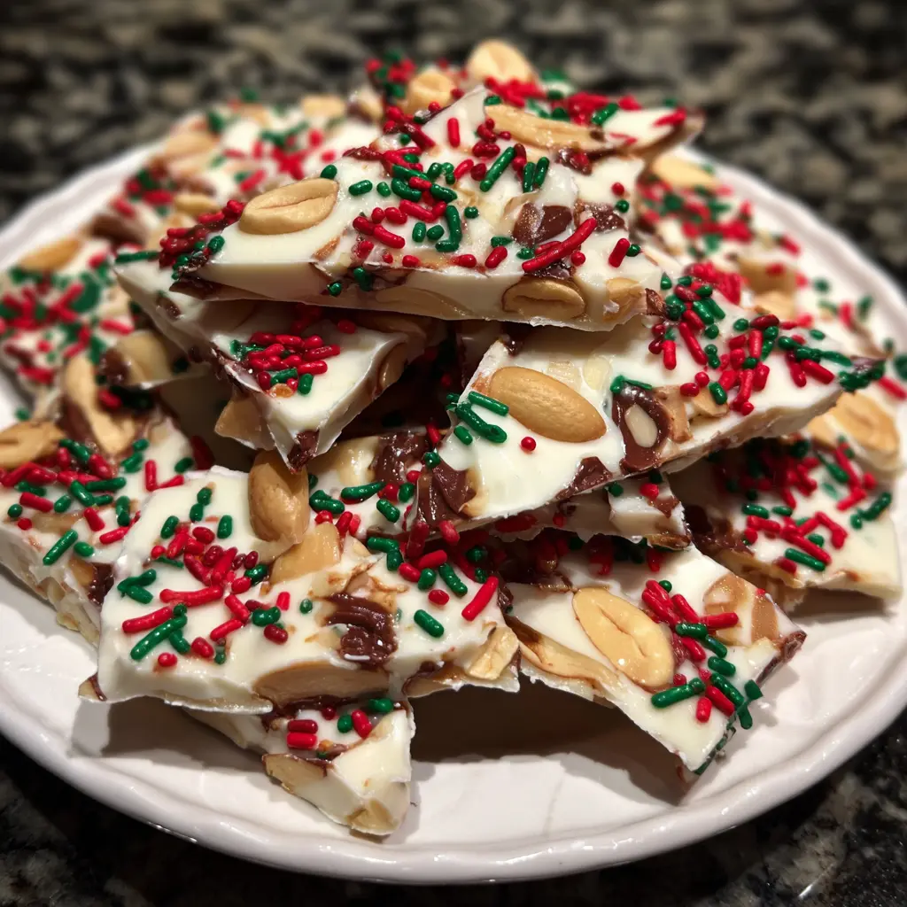 Festive white chocolate bark with peanuts and sprinkles, a perfect christmas crockpot candy recipe.
