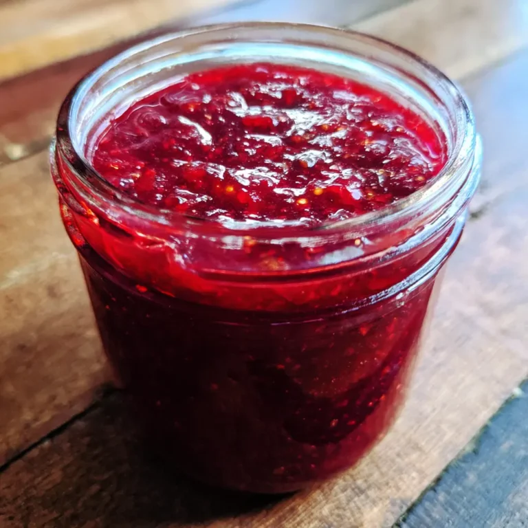 A close-up of a clear glass jar filled with vibrant, chunky ruby red christmas jam, showing visible seeds, resting on a rustic wooden surface.