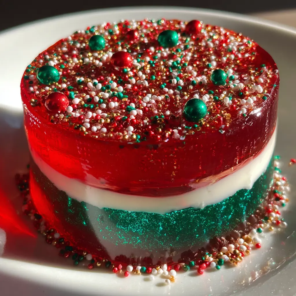 Vibrant red, white, and green layered Christmas jello recipe, adorned with festive sprinkles on a white plate.