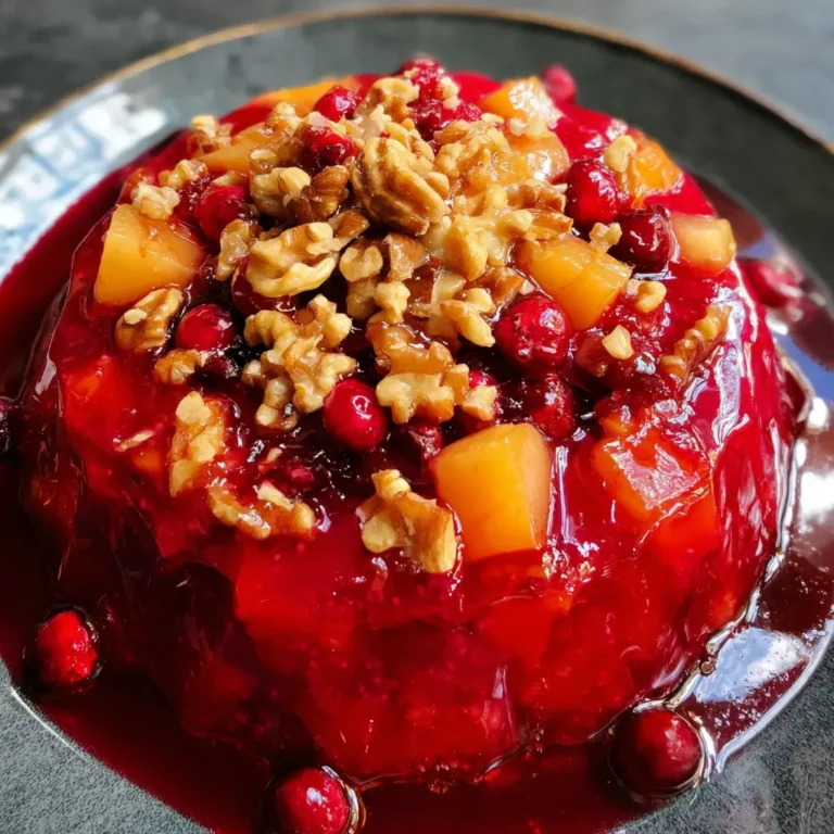 Vibrant Christmas jello salad recipe, richly topped with walnuts, cranberries, and diced fruit, served on a dark plate with red syrup.