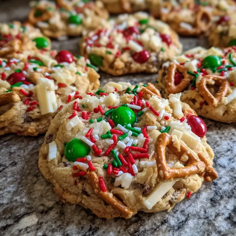 A close-up of homemade Christmas kitchen sink cookies, adorned with colorful candies, festive sprinkles, white chocolate, and pretzels, hinting at a delicious recipe.
