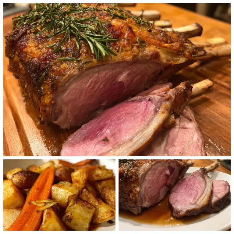 Succulent rack of lamb with roasted vegetables and jus, perfect for a Christmas lamb recipe.