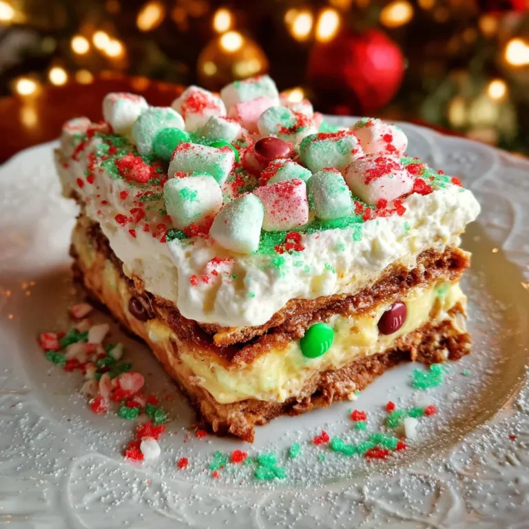 A festive slice of layered Christmas lasagna recipe dessert, topped with whipped cream, colorful marshmallows, and holiday sprinkles, on a decorative white plate.