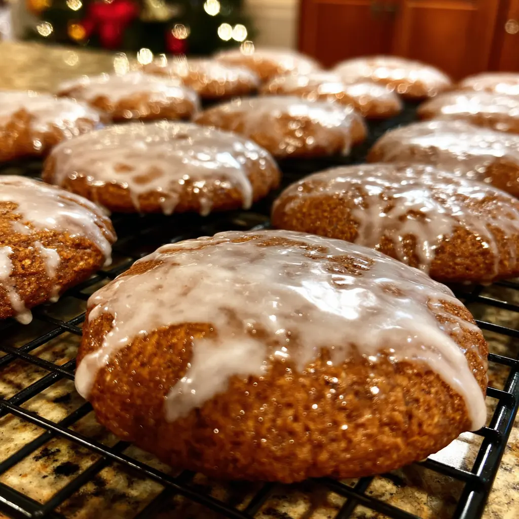 Close-up of freshly glazed Christmas lebkuchen cookies cooling on a rack, inspired by a delightful Christmas lebkuchen recipe.