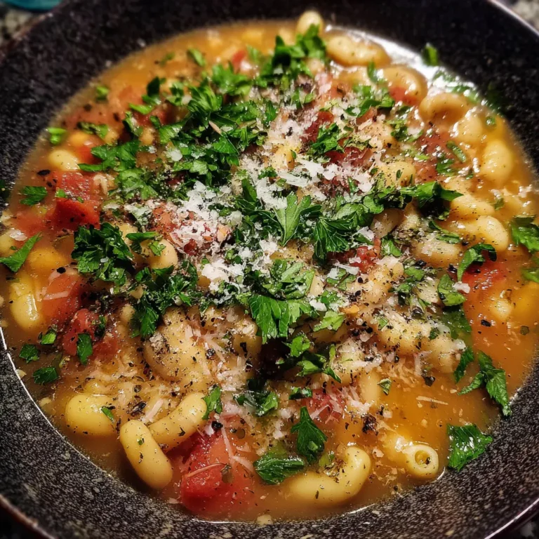 A vibrant, close-up, top-down view of hearty Christmas Lima Bean Macaroni Soup, garnished with fresh parsley, grated cheese, and black pepper in a rustic dark ceramic bowl.