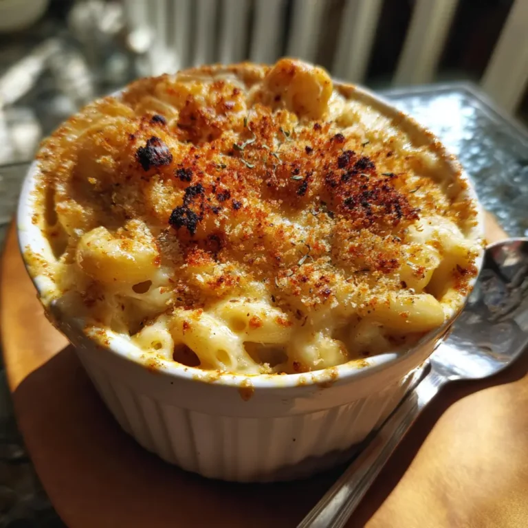 Close-up of The BEST Homemade Baked Mac and Cheese in a white ramekin, featuring a golden-brown, crispy topping and creamy elbow pasta.