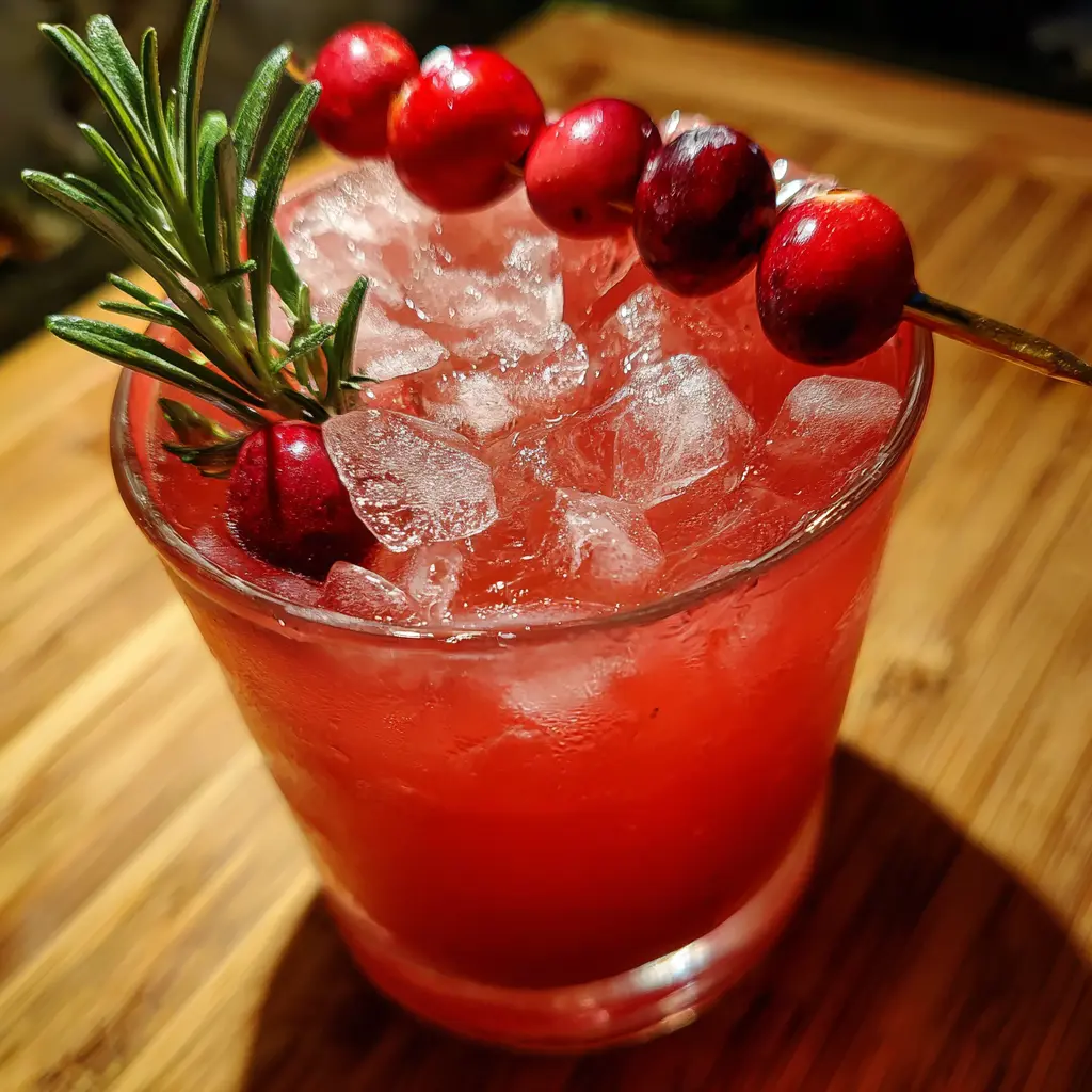 Vibrant Christmas Margarita cocktail in a rocks glass, garnished with cranberries and rosemary on a wooden surface.
