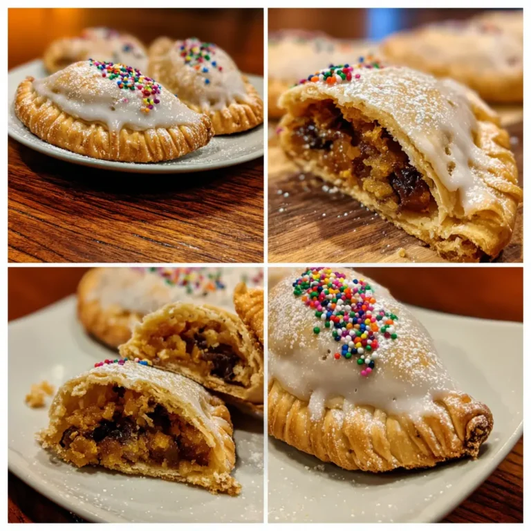 Close-up collage of various cuccidati pastries, showing flaky crusts, white glaze, rainbow sprinkles, and a rich fruit filling, inspired by a traditional christmas cuccidati recipe.