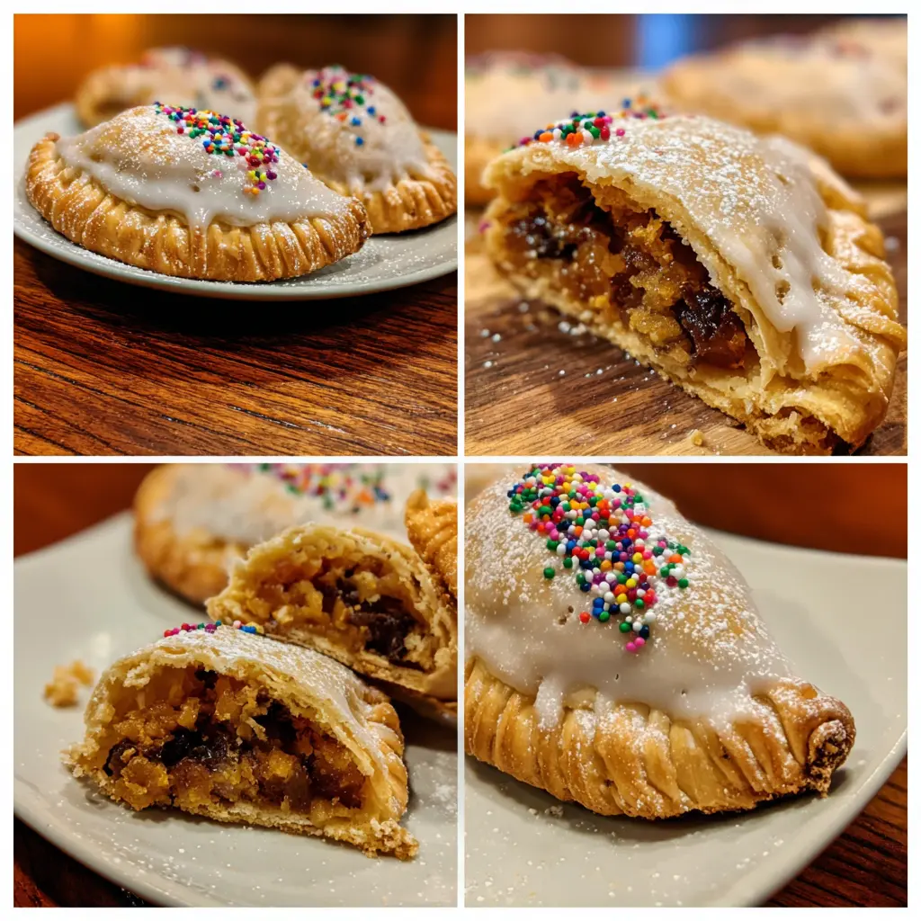Close-up collage of various cuccidati pastries, showing flaky crusts, white glaze, rainbow sprinkles, and a rich fruit filling, inspired by a traditional christmas cuccidati recipe.