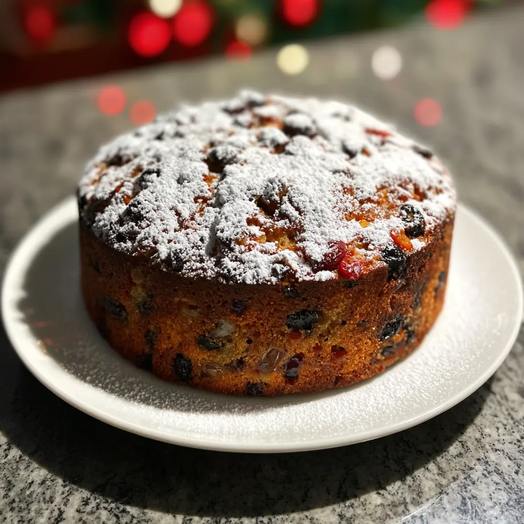 A beautifully presented, round fruitcake, generously dusted with powdered sugar, is a perfect Mary's Christmas Cake for the holidays.