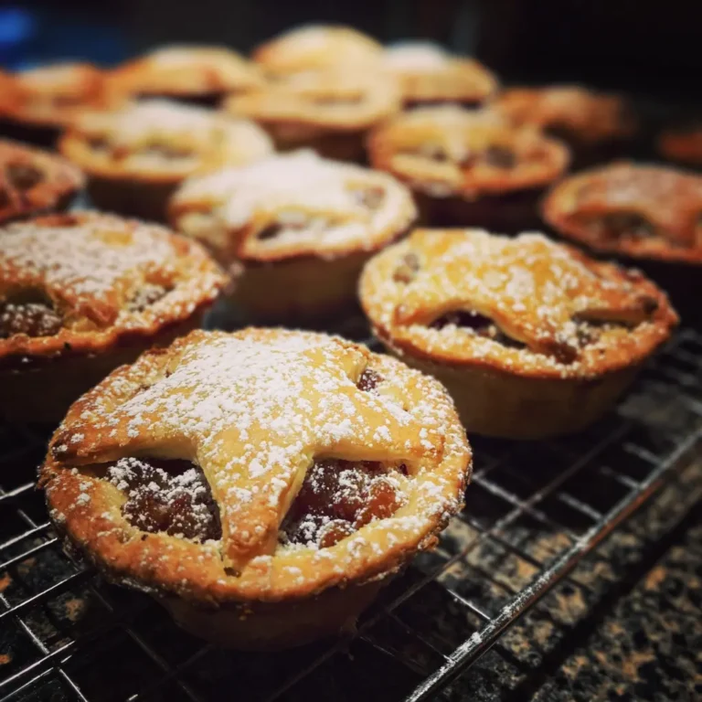 Close-up of freshly baked Christmas Sweet Mince Pies with star tops, dusted with powdered sugar, cooling on a wire rack.