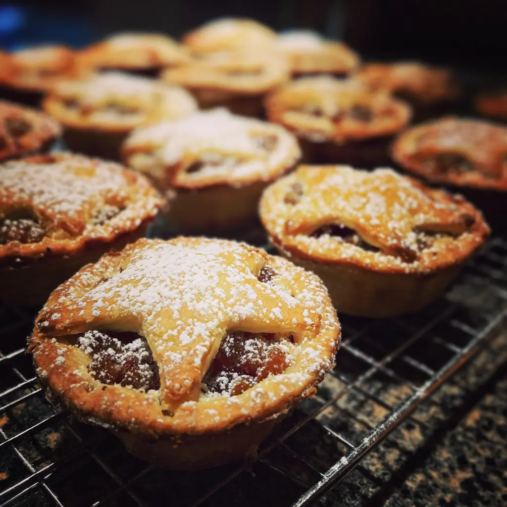 Close-up of freshly baked Christmas Sweet Mince Pies with star tops, dusted with powdered sugar, cooling on a wire rack.
