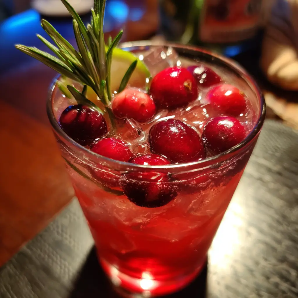 A vibrant Yule Mule cocktail in a clear glass, garnished with fresh cranberries, rosemary, and lime.