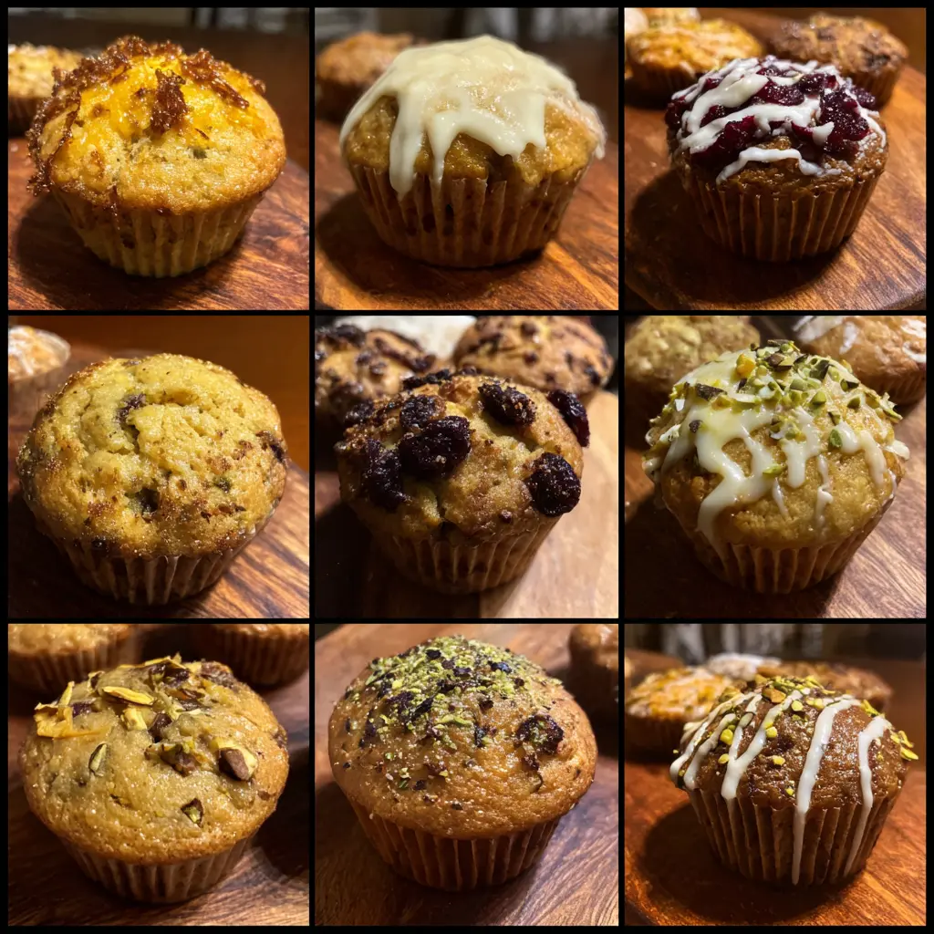 A delightful collage featuring nine festive Christmas muffin recipes, each with unique toppings like cranberries, pistachios, and glazes, displayed on a rustic wooden board.