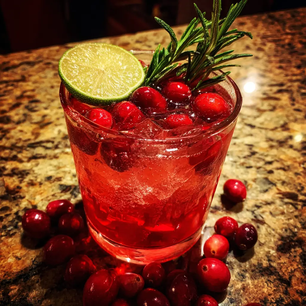 A vibrant Christmas Moscow Mule cocktail, garnished with cranberries, lime, and rosemary, on a stone countertop.