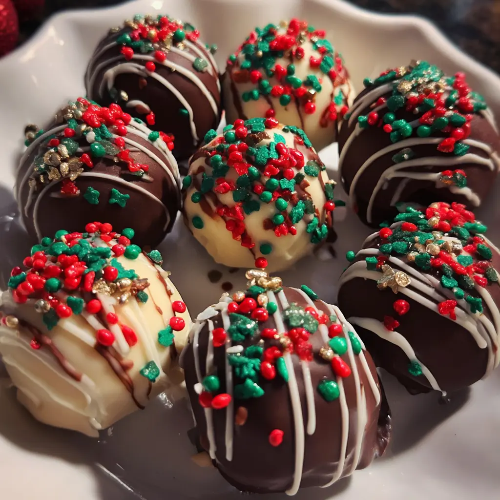 Vibrant Christmas Oreo Balls coated in dark and white chocolate, adorned with festive red, green, and gold sprinkles on a white plate.