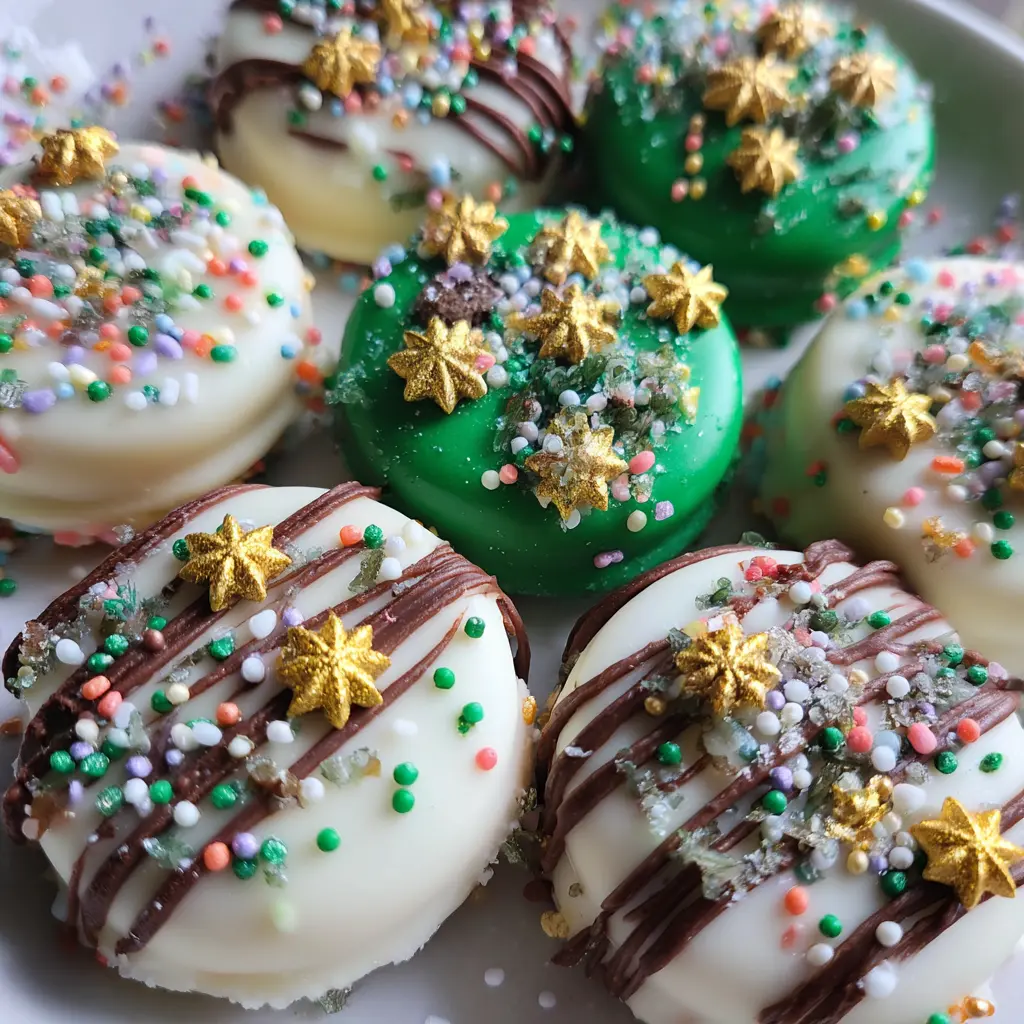 Close-up of festive Christmas Oreos decorated with white and green coatings, chocolate drizzle, and gold star sprinkles on a white platter.