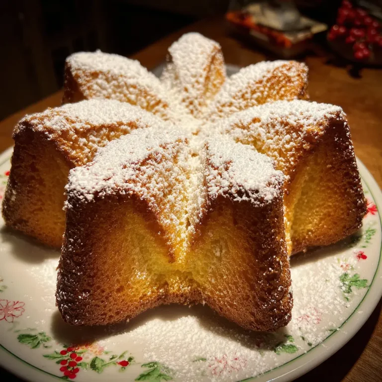 Beautifully lit, star-shaped Pandoro (Italian Christmas Cake) generously dusted with powdered sugar on a floral plate.
