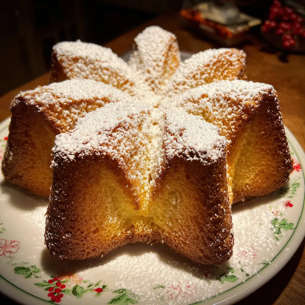 Beautifully lit, star-shaped Pandoro (Italian Christmas Cake) generously dusted with powdered sugar on a floral plate.