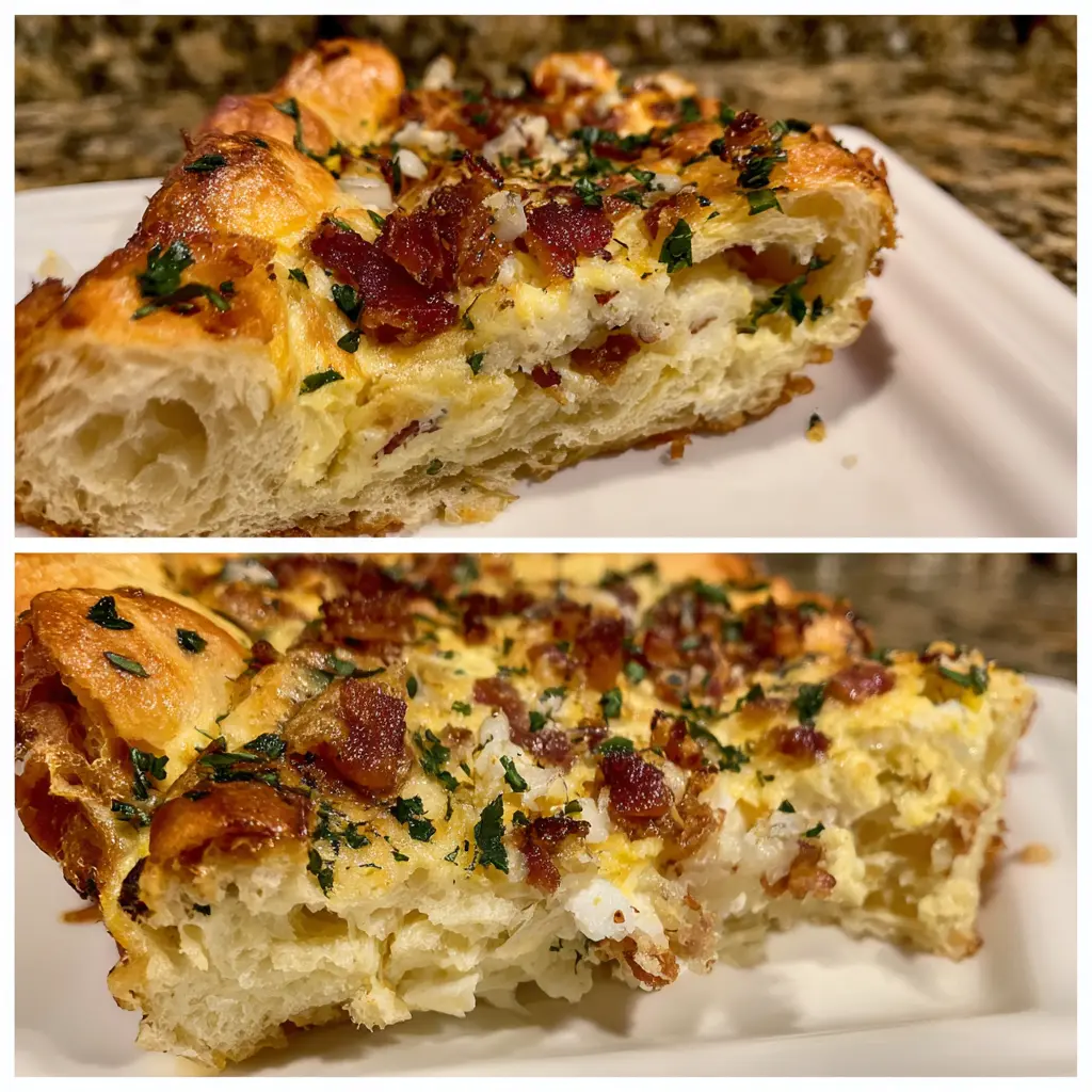 Close-up of a golden-baked Christmas egg casserole recipe with creamy filling, bacon, and fresh herbs.
