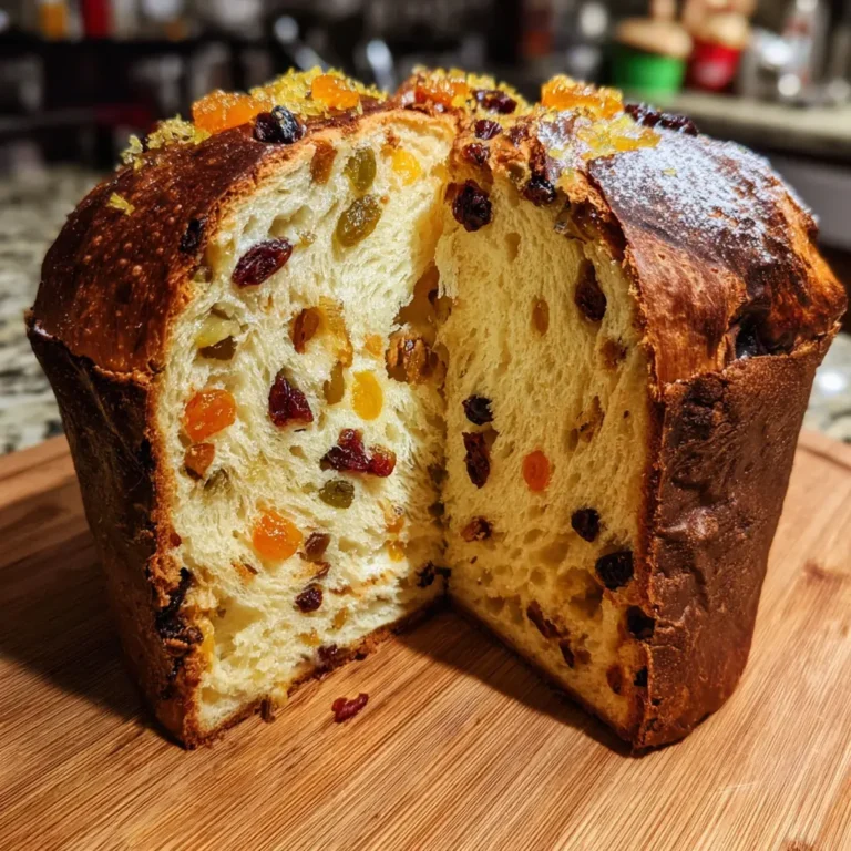 Freshly baked, fruit-studded panettone-style bread with a slice cut out, showcasing the rich interior on a wooden board, perfect for an Easy Panettone Recipe (Italian Christmas Bread).