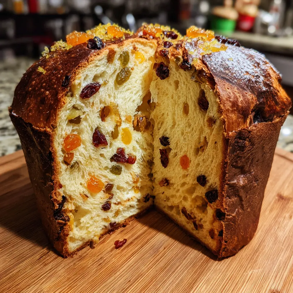 Freshly baked, fruit-studded panettone-style bread with a slice cut out, showcasing the rich interior on a wooden board, perfect for an Easy Panettone Recipe (Italian Christmas Bread).