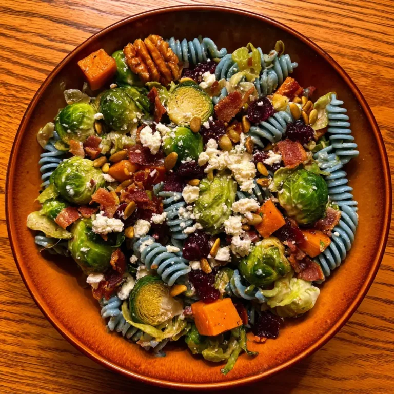 A vibrant Easy Fall Pasta Salad featuring blue fusilli, roasted Brussels sprouts, sweet potato, bacon, feta, cranberries, and various nuts in an earthy ceramic bowl on a wooden table.
