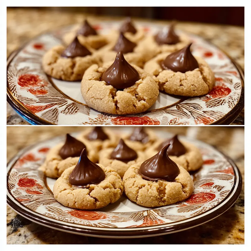 Close-up of freshly baked Peanut Butter Blossoms with chocolate kisses on a decorative plate.