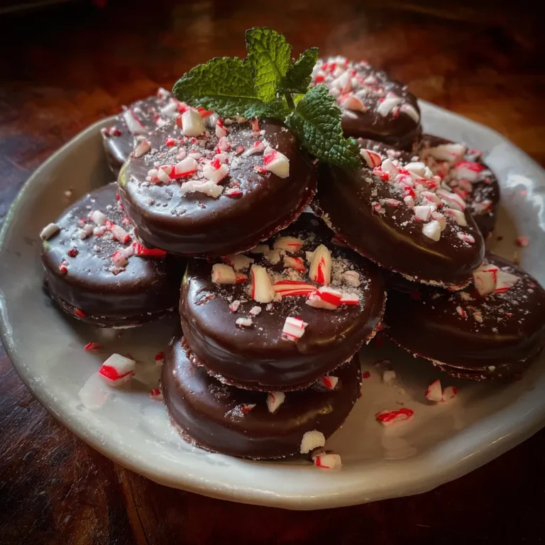 A close-up of a pile of chocolate-covered Easy Christmas Peppermint Patties, garnished with crushed candy canes and fresh mint on a light plate.
