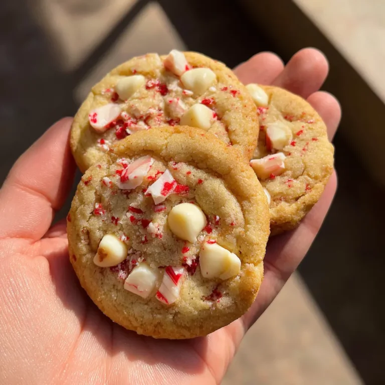 Close-up of golden-brown White Chocolate Peppermint Cookies with melted white chocolate chips and crushed candy canes, held in a hand in warm sunlight.