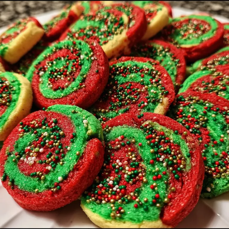 Vibrant red and green Christmas Pinwheel Cookies with sparkling sprinkles on a white plate.