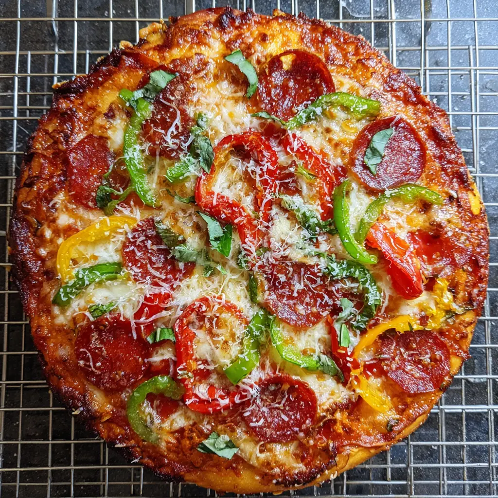 Overhead view of a vibrant Easy Christmas Pizza, richly topped with pepperoni, bell peppers, and basil on a cooling rack.