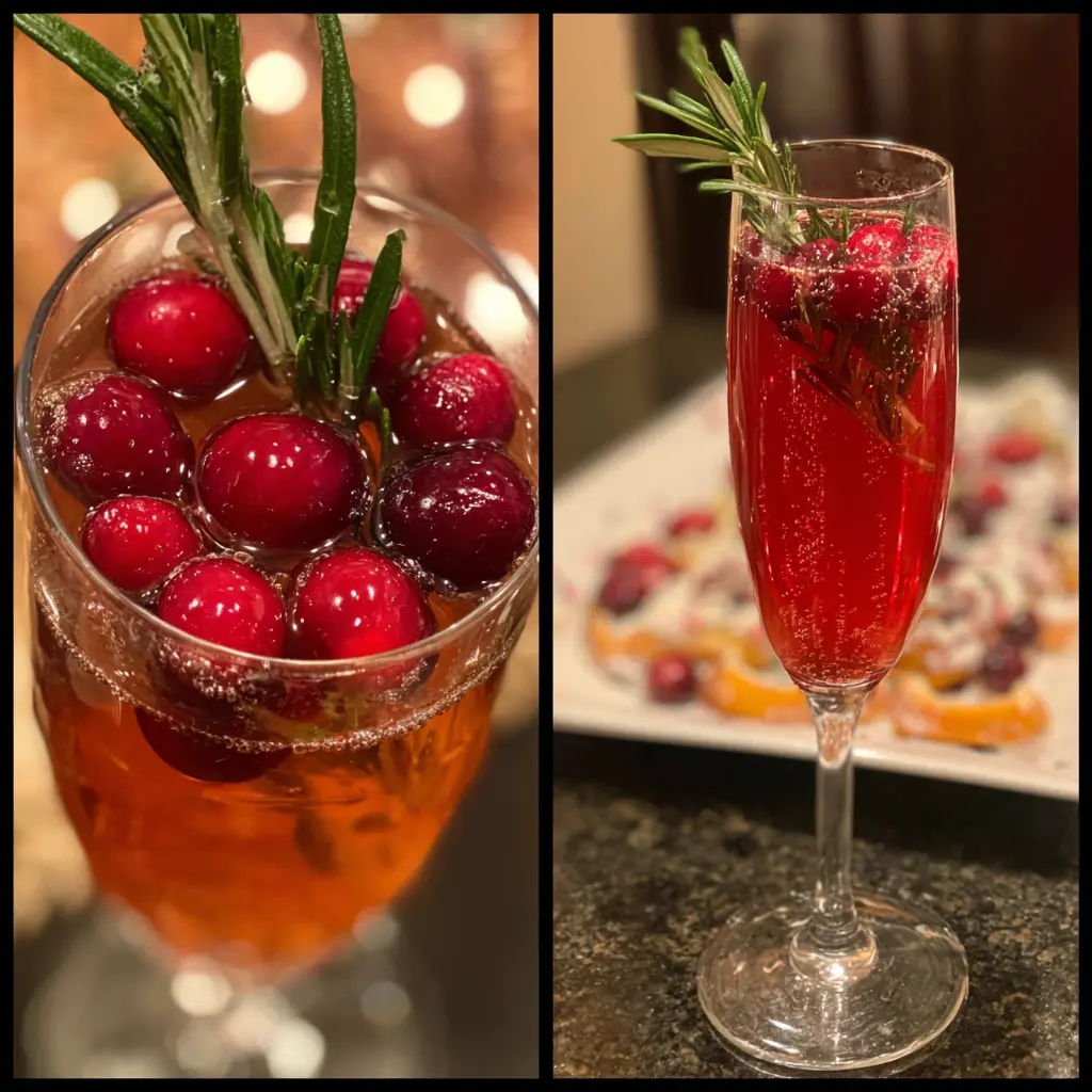 A diptych of festive drinks, including a sparkling red champagne cocktail garnished with cranberries and rosemary, representing an Effortless Poinsettia Drink Recipe: A Festive Champagne Cocktail.