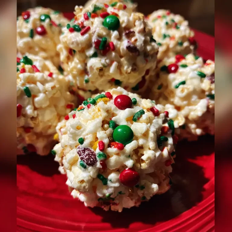 A close-up of festive, white Christmas popcorn balls adorned with red and green sprinkles and candies on a bright red plate.