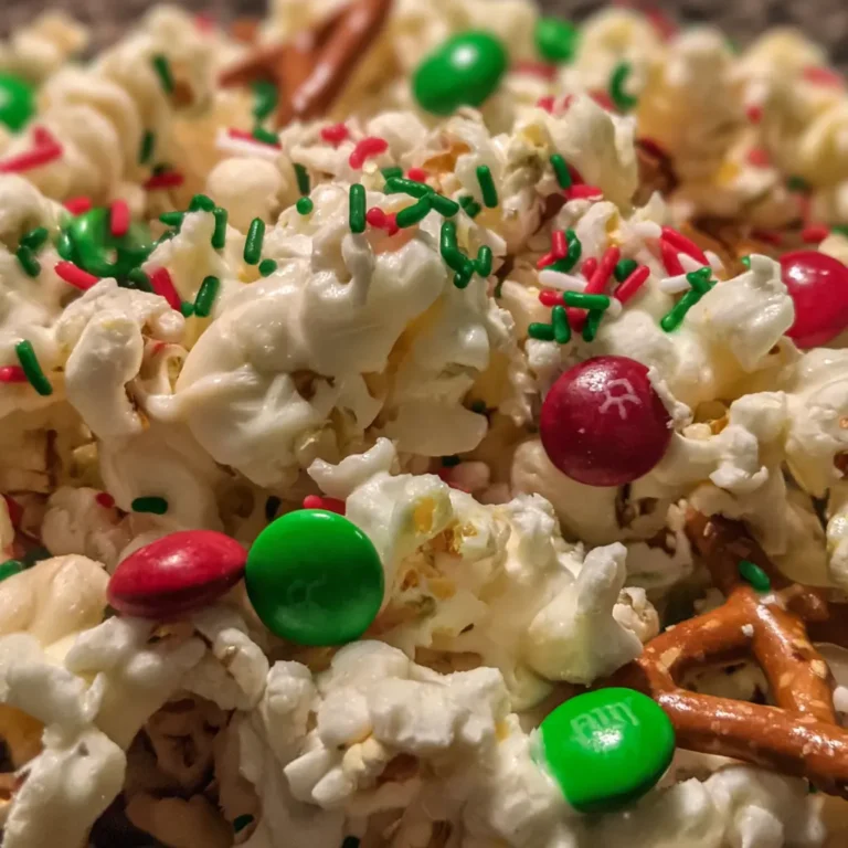 Close-up of festive Christmas Crunch {White Chocolate Popcorn} with red and green M&M's, sprinkles, and mini pretzels.