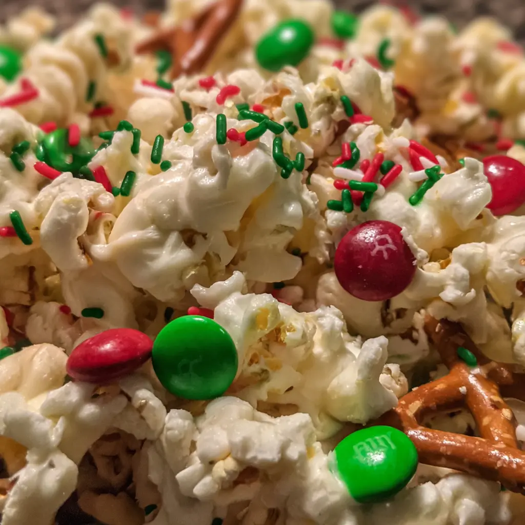 Close-up of festive Christmas Crunch {White Chocolate Popcorn} with red and green M&M's, sprinkles, and mini pretzels.