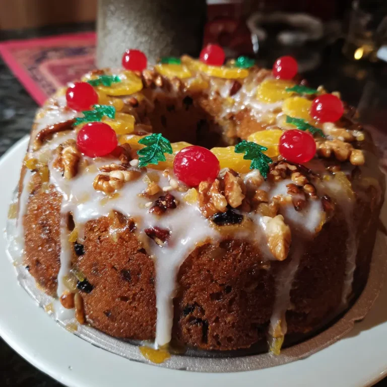 Beautifully decorated bundt cake, a perfect Christmas fruit cake recipe, adorned with glacé cherries, candied citrus, nuts, and a festive white glaze.