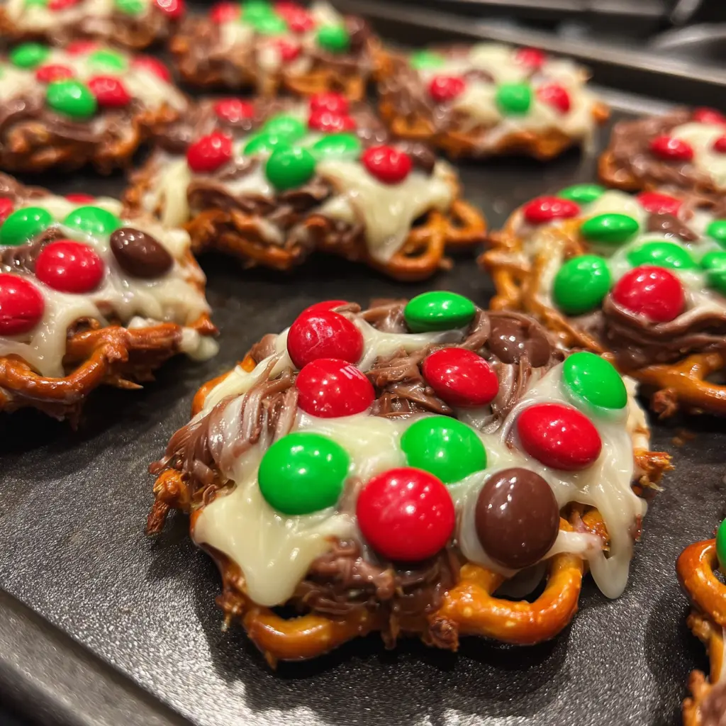 Festive Christmas Pretzel Hugs featuring melted chocolate, white drizzle, and colorful red and green M&M's on a dark baking sheet.