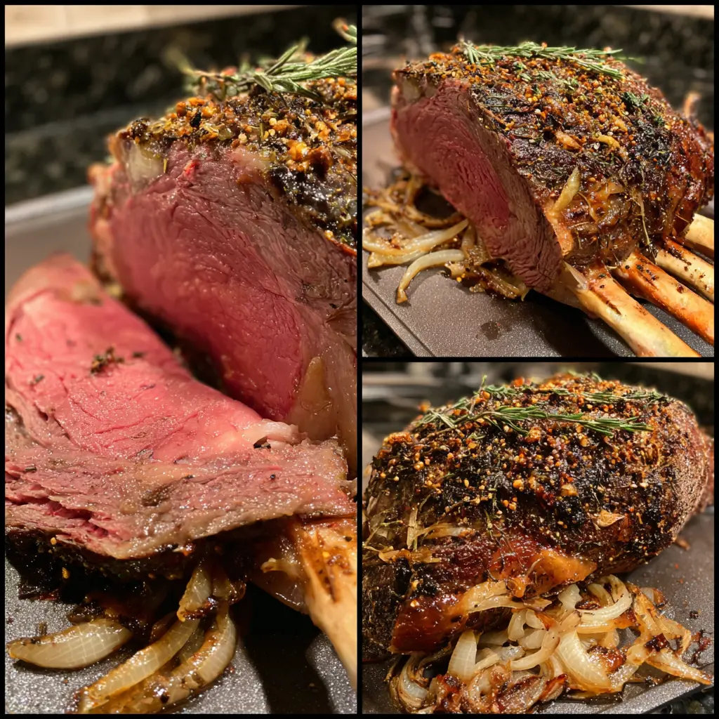 Close-up triptych of a perfectly cooked, sliced bone-in prime rib roast with a herb crust and caramelized onions, highlighting The Perfect Prime Rib Roast Family Recipe.