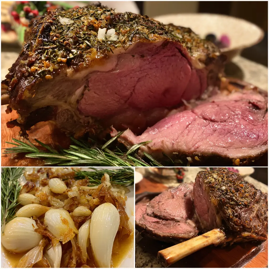 A visually appealing multi-panel collage showcasing The Perfect Prime Rib Roast Family Recipe with a medium-rare herb-crusted roast, bone-in slices, and caramelized onions, garnished with rosemary.
