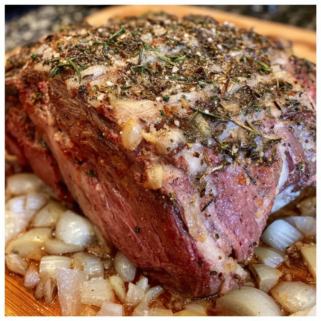 A mouth-watering, perfectly roasted prime rib with a herb crust and caramelized onions on a wooden board, showcasing The Perfect Prime Rib Roast Family Recipe.