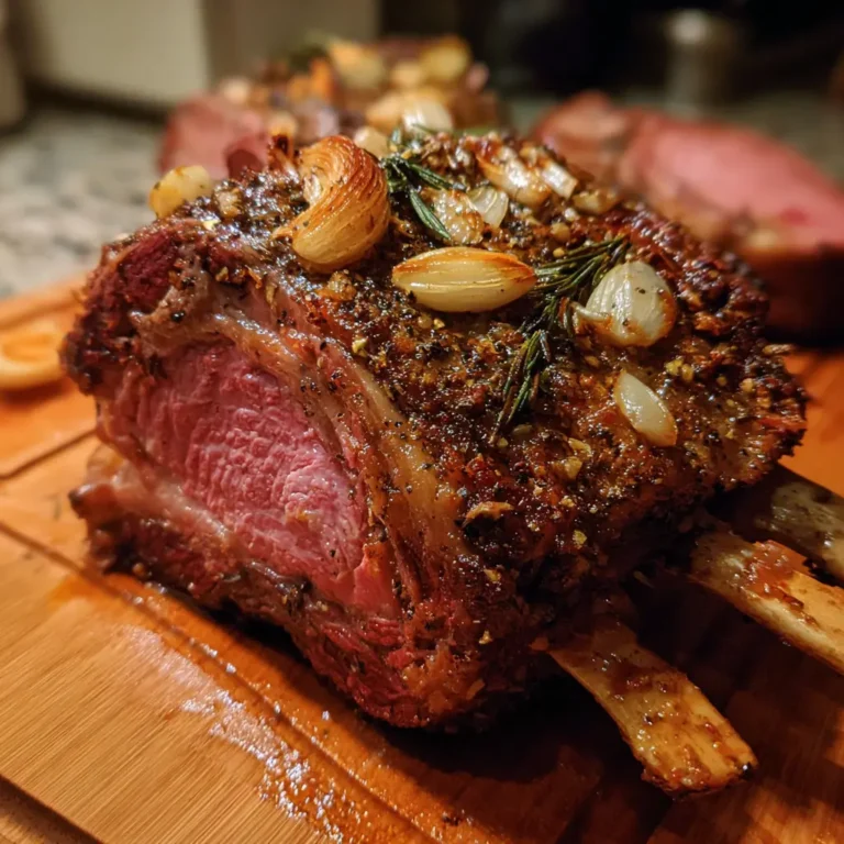 A magnificent bone-in prime rib roast, perfectly cooked to medium-rare and garnished with rosemary and roasted garlic, embodying The Perfect Prime Rib Roast Family Recipe.