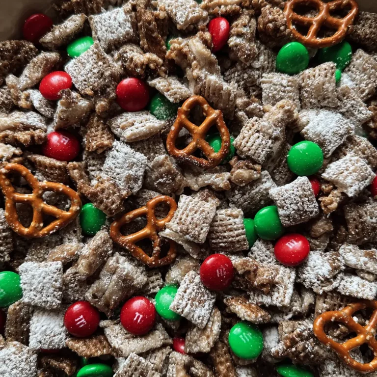 Overhead close-up of festive Christmas Puppy Chow, a snack mix with powdered sugar-dusted cereal, mini pretzels, and red and green M&M's.
