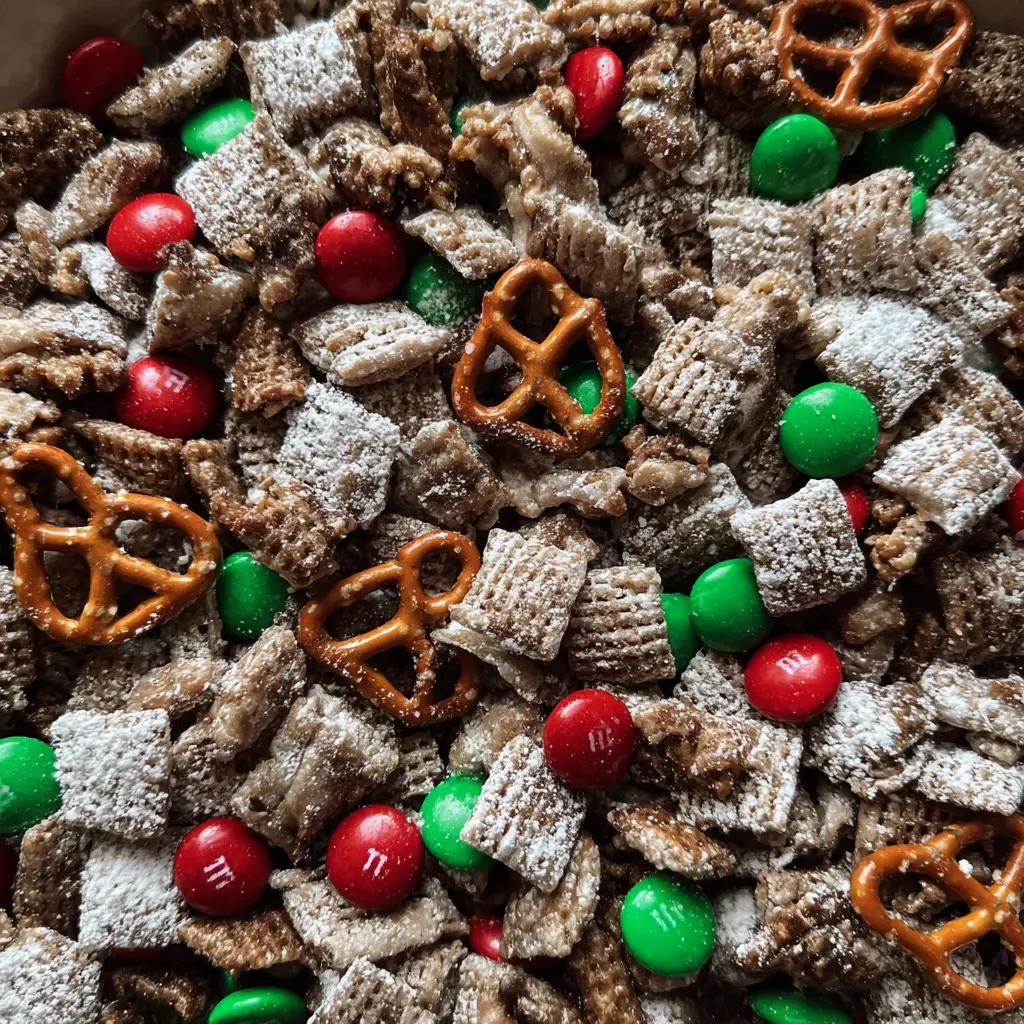 Overhead close-up of festive Christmas Puppy Chow, a snack mix with powdered sugar-dusted cereal, mini pretzels, and red and green M&M's.